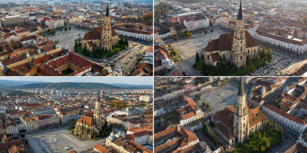 Vista aérea de Piața Unirii y la iglesia de San Miguel en Cluj-Napoca