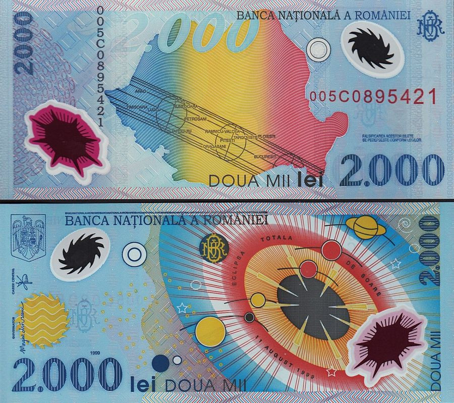 Billete de 2.000 lei emitido por Rumanía para conmemorar el eclipse total de Sol de 1999