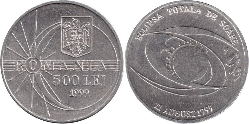 Moneda rumana de 500 lei dedicada al eclipse solar de 1999