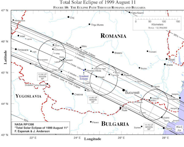 Trayectoria del eclipse total de Sol de 1999 atravesando Rumanía